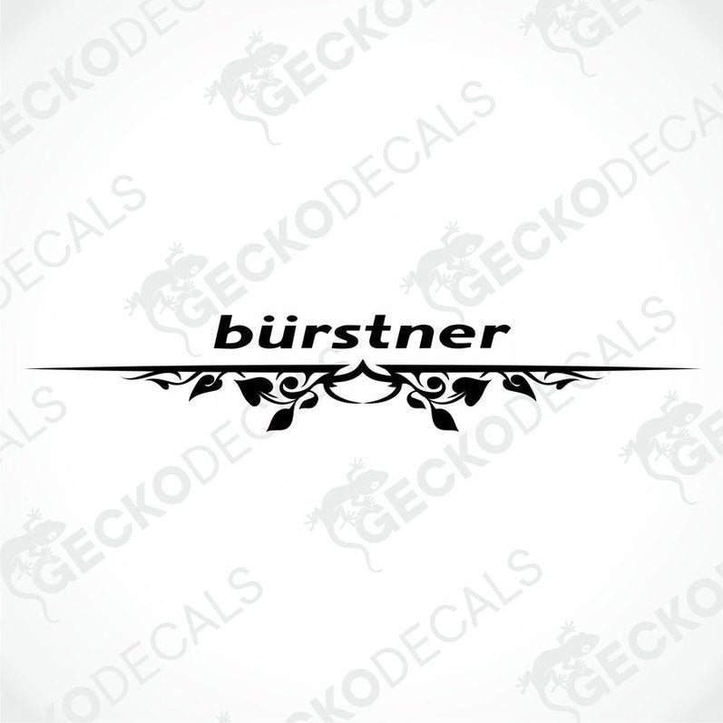 A die cut sticker with the brand name 'bÜrstner' and a decorative design, intended for use on the rear of a vehicle, displayed on a white background.