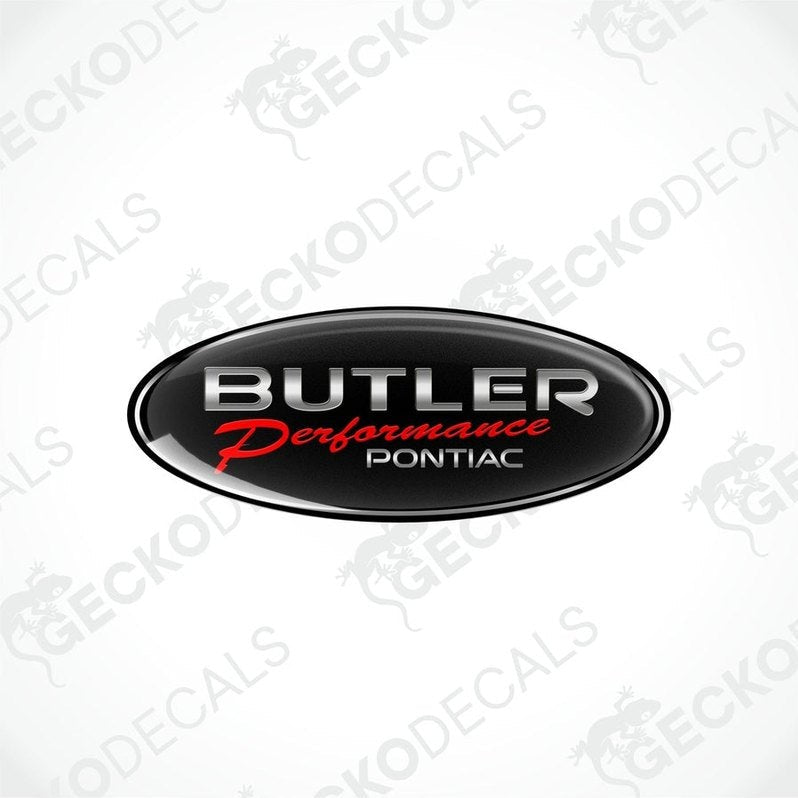  Black oval vinyl stickers with a silver  emblem design PONTIAC BUTLER PERFORMANCE , placed against a black background.