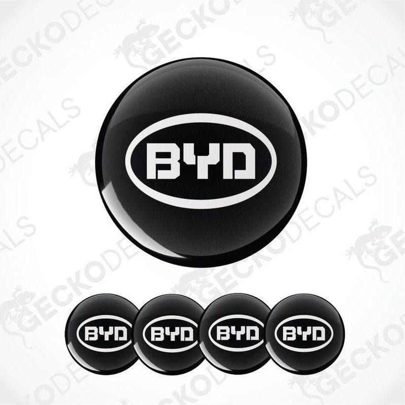 Black and white BYD logo decal on a white background