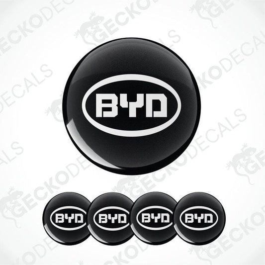 Black and white BYD logo decal on a white background