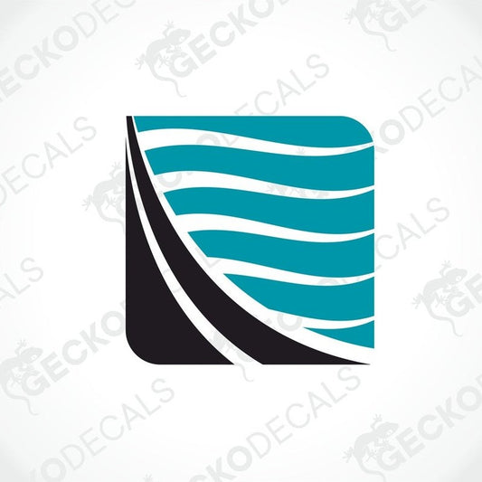 A die cut sticker decal with a geometric pattern featuring black and turquoise colors.