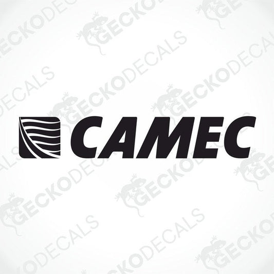 A die cut sticker with the brand name CAMEC, designed for use on vehicles or other surfaces, delivered on transfer paper.
