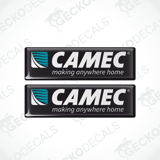 Two black vinyl decals with a polyurethane coating featuring the Camec brand logo in white and blue.