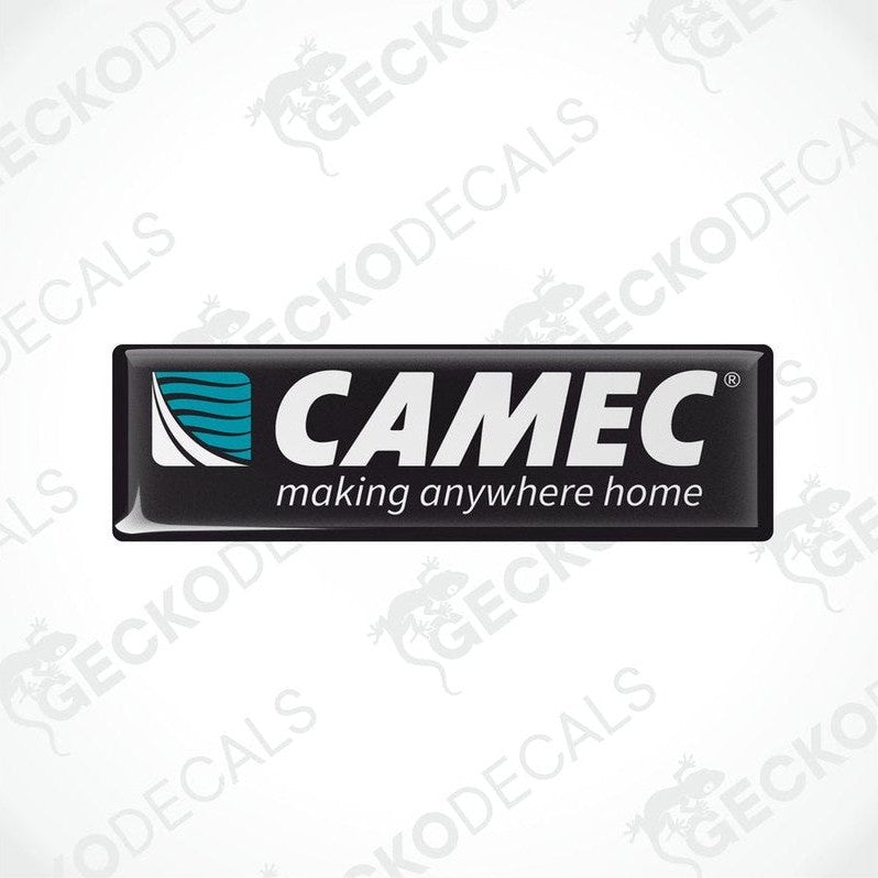 Two black vinyl decals with a polyurethane coating featuring the Camec brand logo in white and blue.