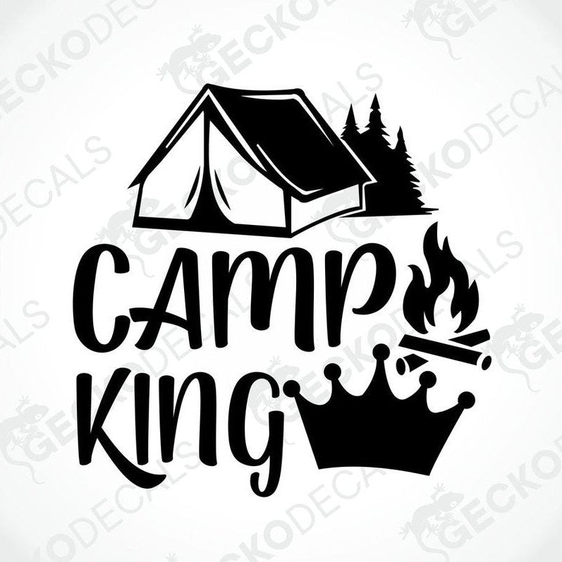 Black CAMP KING die-cut decal with tent, trees, crown and campfire design for car or laptop
