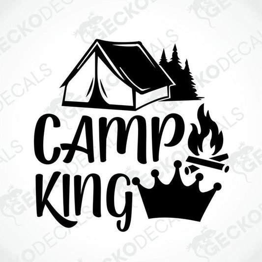 Black CAMP KING die-cut decal with tent, trees, crown and campfire design for car or laptop