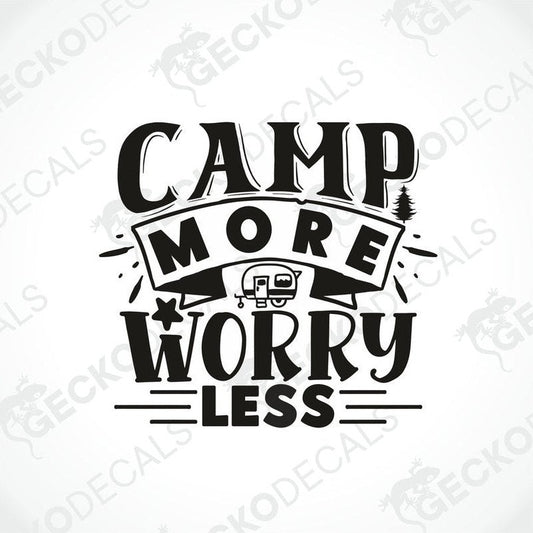 Black Camp More Worry Less die cut decal with vintage camper and pine tree design