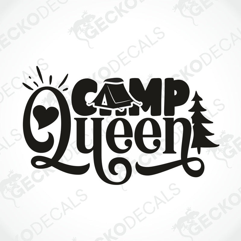 CAMP Queen black die-cut decal with tent and pine tree design for camper interior or exterior