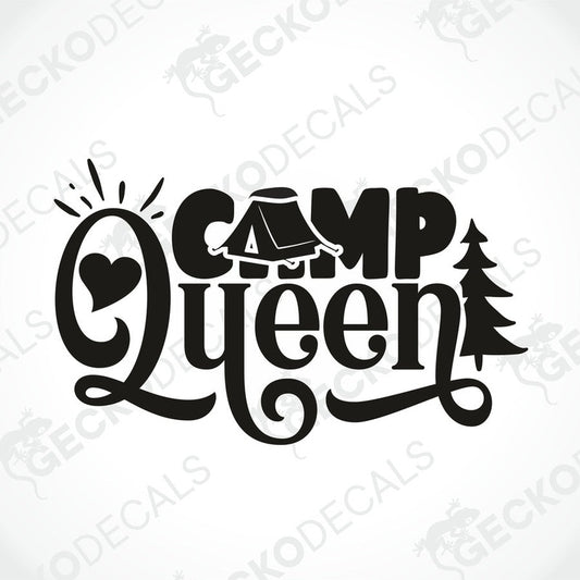 CAMP Queen black die-cut decal with tent and pine tree design for camper interior or exterior
