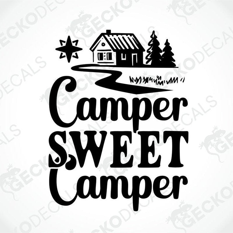 Black die-cut Camper Sweet Camper decal with cabin and trees design