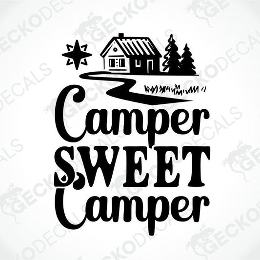 Black die-cut Camper Sweet Camper decal with cabin and trees design