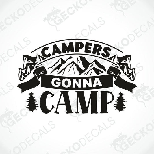 Black Campers Gonna Camp die-cut decal with mountain and pine tree design for camper interior or exterior