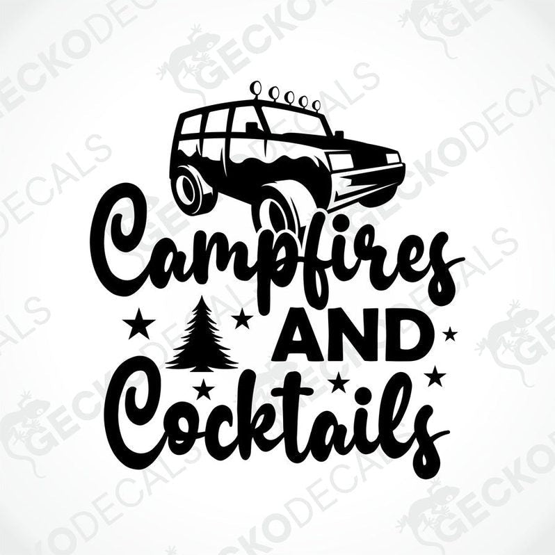Black die-cut Campfires and Cocktails decal with off-road vehicle, pine tree, and stars for car or camper