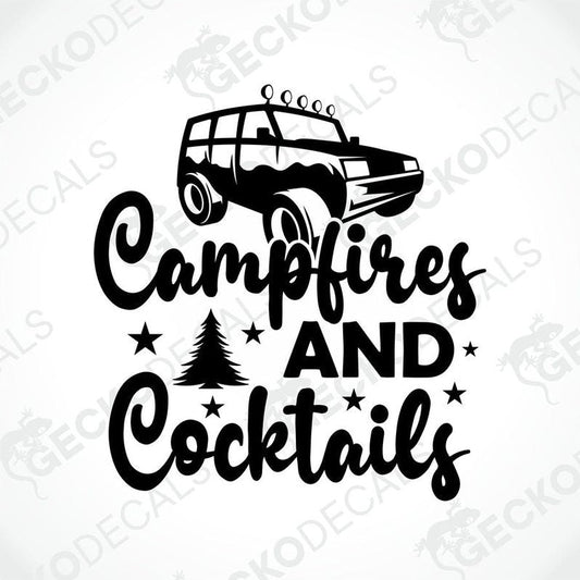 Black die-cut Campfires and Cocktails decal with off-road vehicle, pine tree, and stars for car or camper