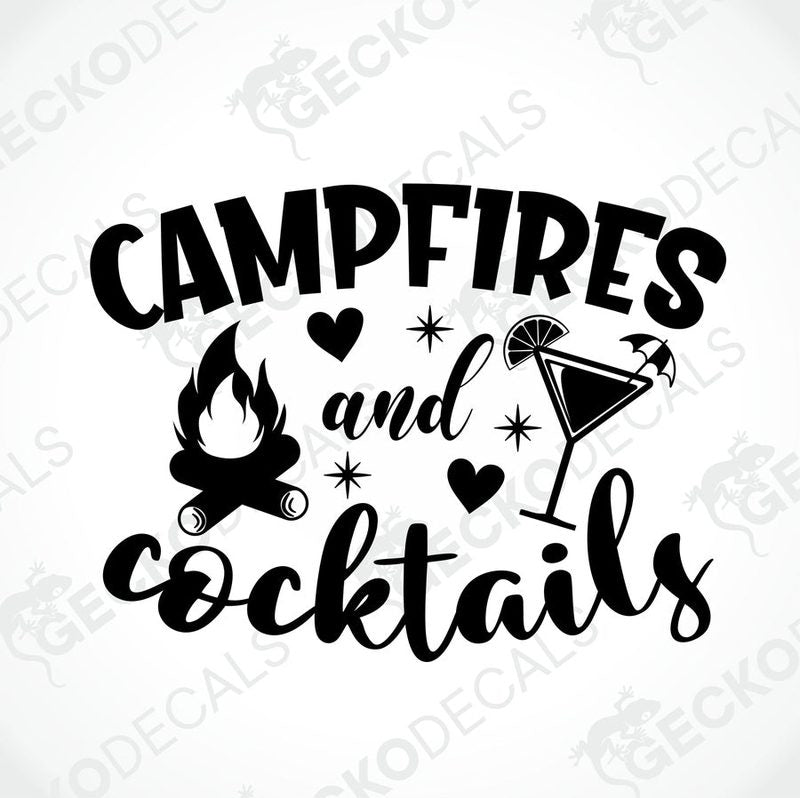 Black die-cut decal with campfire and cocktail design for interior or exterior use