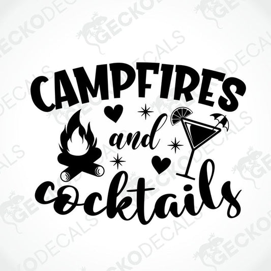Black die-cut decal with campfire and cocktail design for interior or exterior use