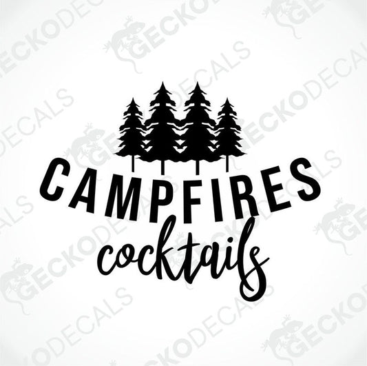 Black die-cut Campfires Cocktails decal with pine tree silhouette on transfer paper