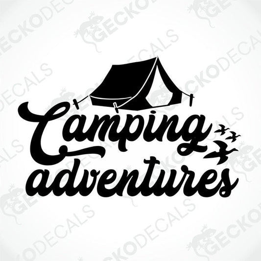 Black Camping Adventures tent decal with bird silhouettes on transfer paper