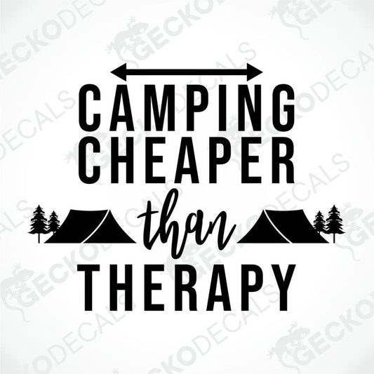 Camping Cheaper Than Therapy die cut decal with tents and trees for car or laptop