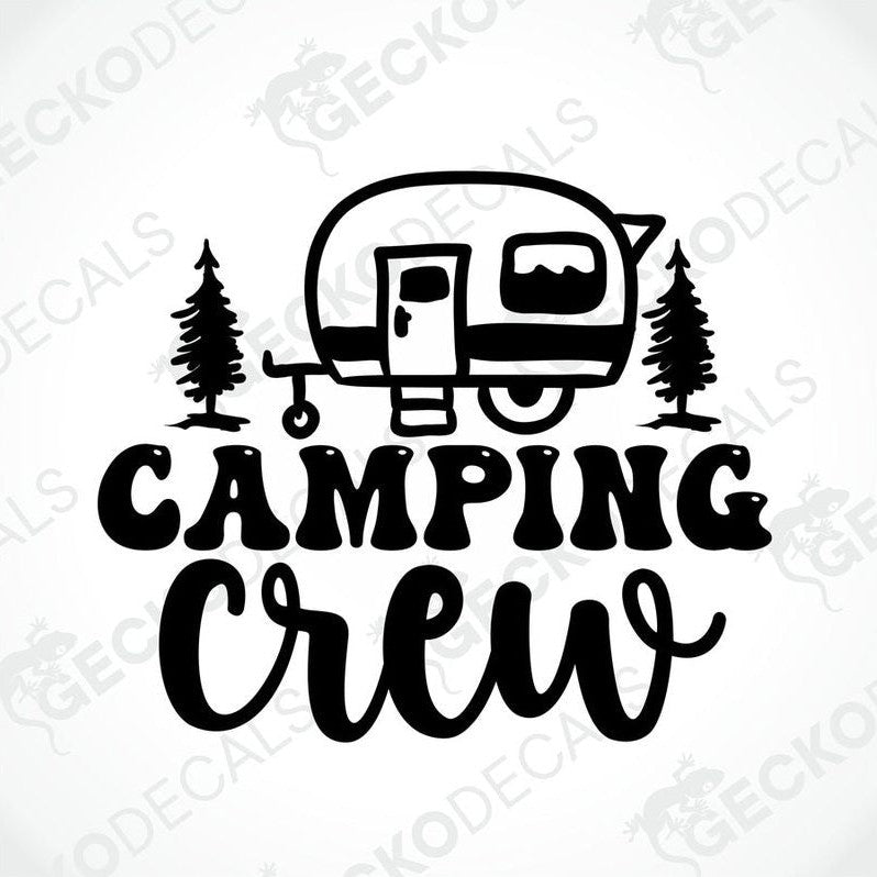 Black Camping Crew camper trailer die-cut decal on transfer paper