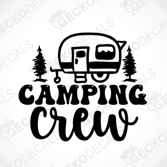 Black Camping Crew camper trailer die-cut decal on transfer paper
