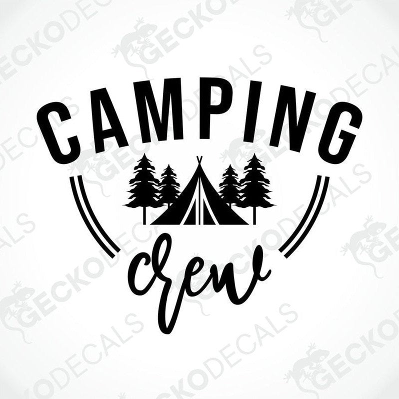 Black Camping Crew die-cut decal with tent and trees on transfer paper