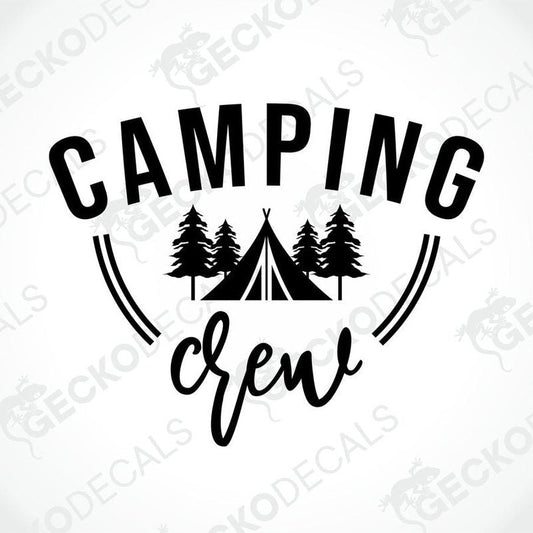 Black Camping Crew die-cut decal with tent and trees on transfer paper