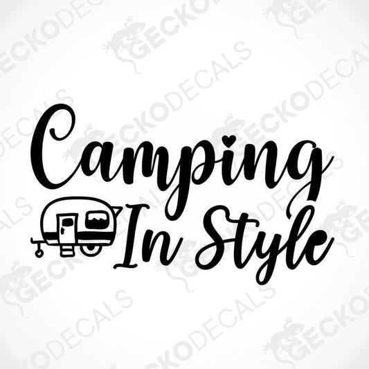 Camping In Style black die-cut decal with vintage camper trailer and heart detail on transfer paper