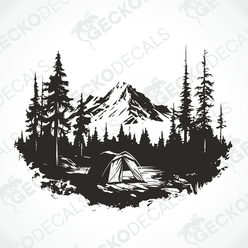A black and white die cut decal of a mountain camping scene with trees and a cabin.