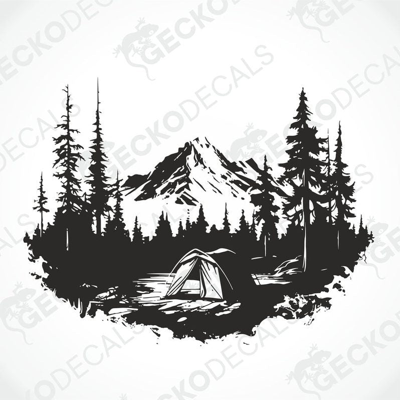 A black and white die cut decal of a mountain camping scene with trees and a cabin.