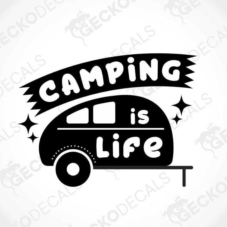 Camping is Life retro camper trailer die-cut decal black and white