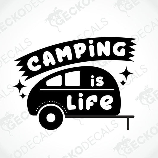 Camping is Life retro camper trailer die-cut decal black and white