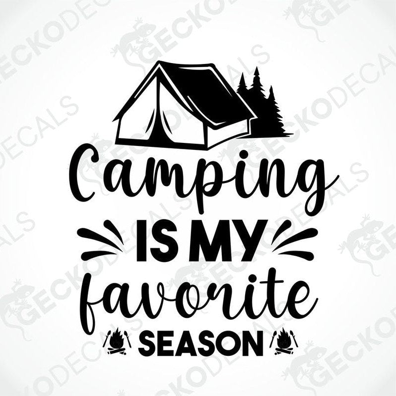 Black die-cut camping decal with tent and trees saying Camping is my favorite season
