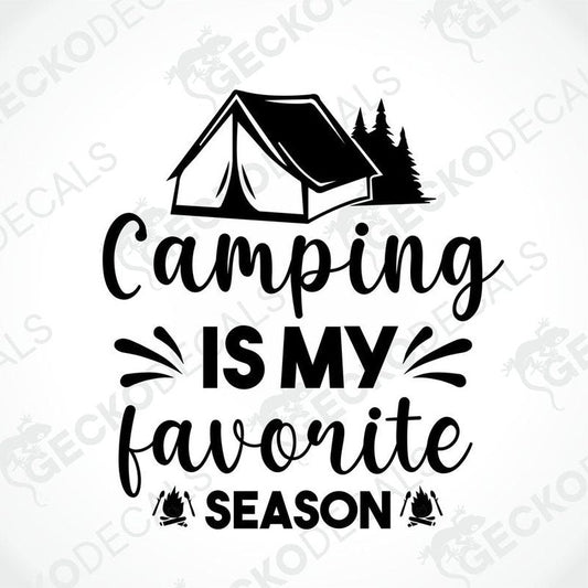 Black die-cut camping decal with tent and trees saying Camping is my favorite season