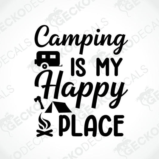 Camping IS MY Happy PLACE black die-cut decal with camper van tent and campfire icons