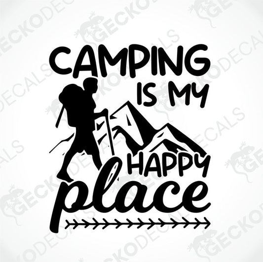 Black Camping Is My Happy Place die-cut decal with hiker silhouette and mountain design