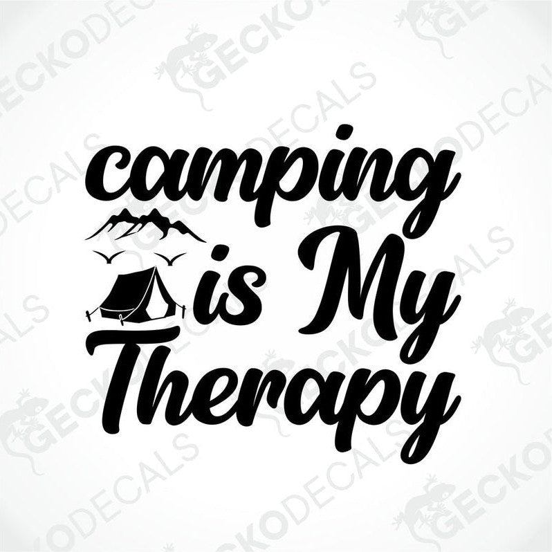 Black camping is my therapy die cut decal with mountain tent and bird design on transfer paper