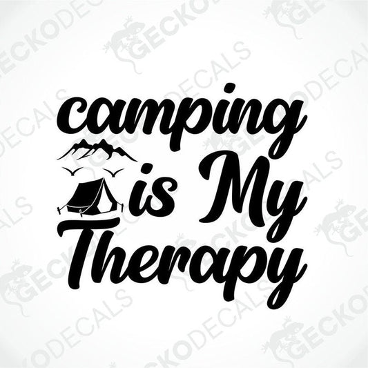Black camping is my therapy die cut decal with mountain tent and bird design on transfer paper