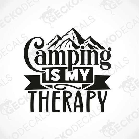 Black Camping Is My Therapy die cut decal with mountain silhouette for car or laptop