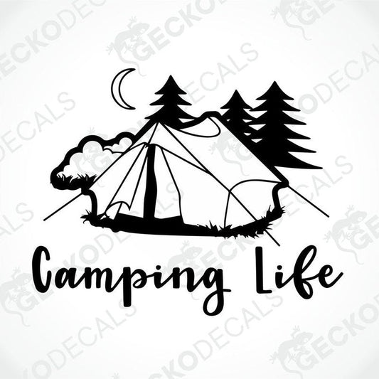 Black Camping Life die-cut decal with tent and trees silhouette for car or laptop