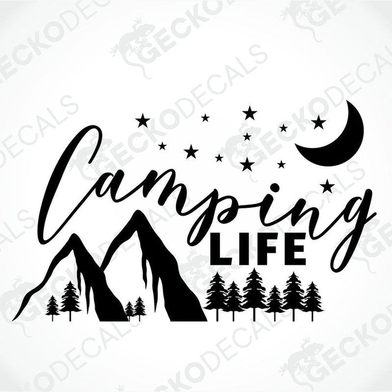Black Camping LIFE die-cut decal with mountain and tree silhouette for car or laptop