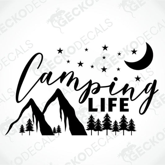 Black Camping LIFE die-cut decal with mountain and tree silhouette for car or laptop