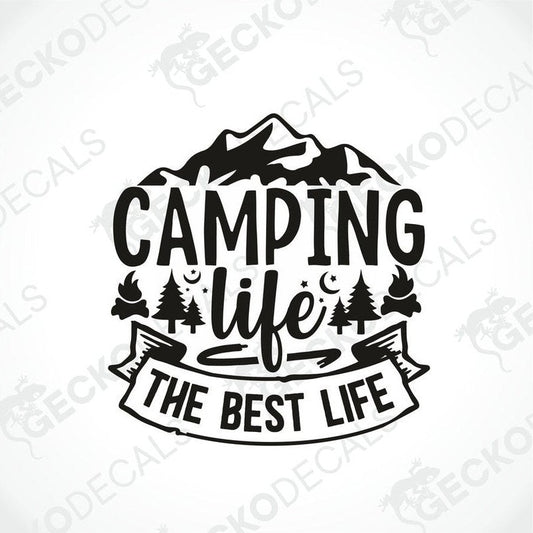 Black Camping Life die-cut decal with mountains, campfires, trees and stars for car or laptop