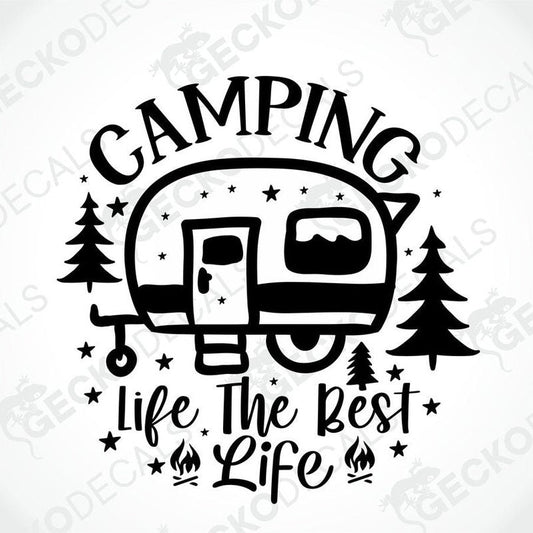 Black retro camper trailer die-cut decal with pine trees and Camping Life The Best Life text for car or laptop