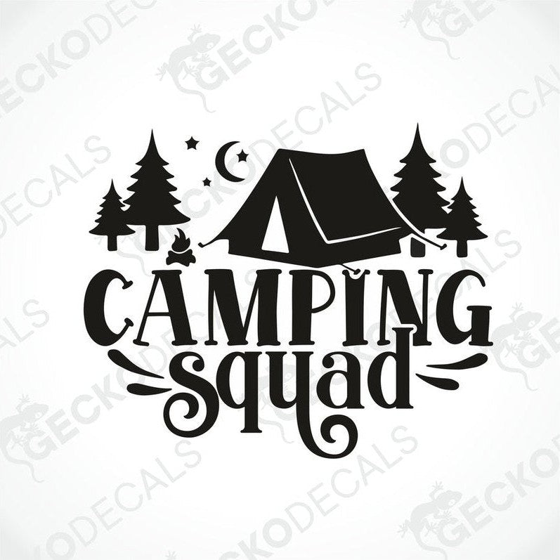 Black Camping Squad tent and trees die-cut decal on transfer paper