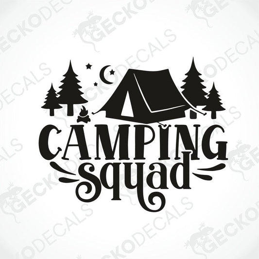 Black Camping Squad tent and trees die-cut decal on transfer paper