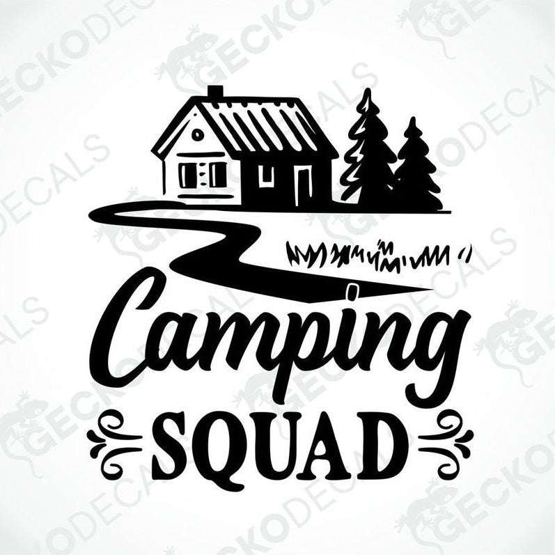 Black Camping Squad cabin and pine tree die-cut decal for car or laptop