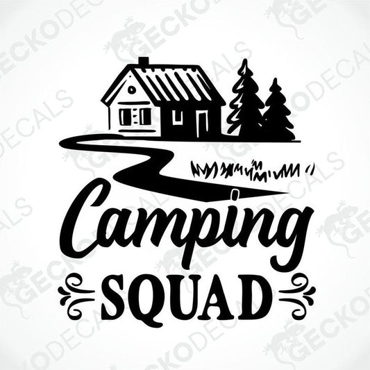 Black Camping Squad cabin and pine tree die-cut decal for car or laptop