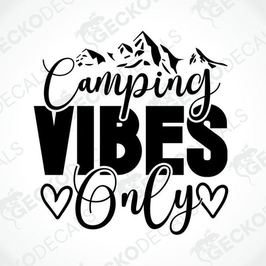 Black Camping VIBES Only die-cut decal with mountain silhouette and hearts on transfer paper