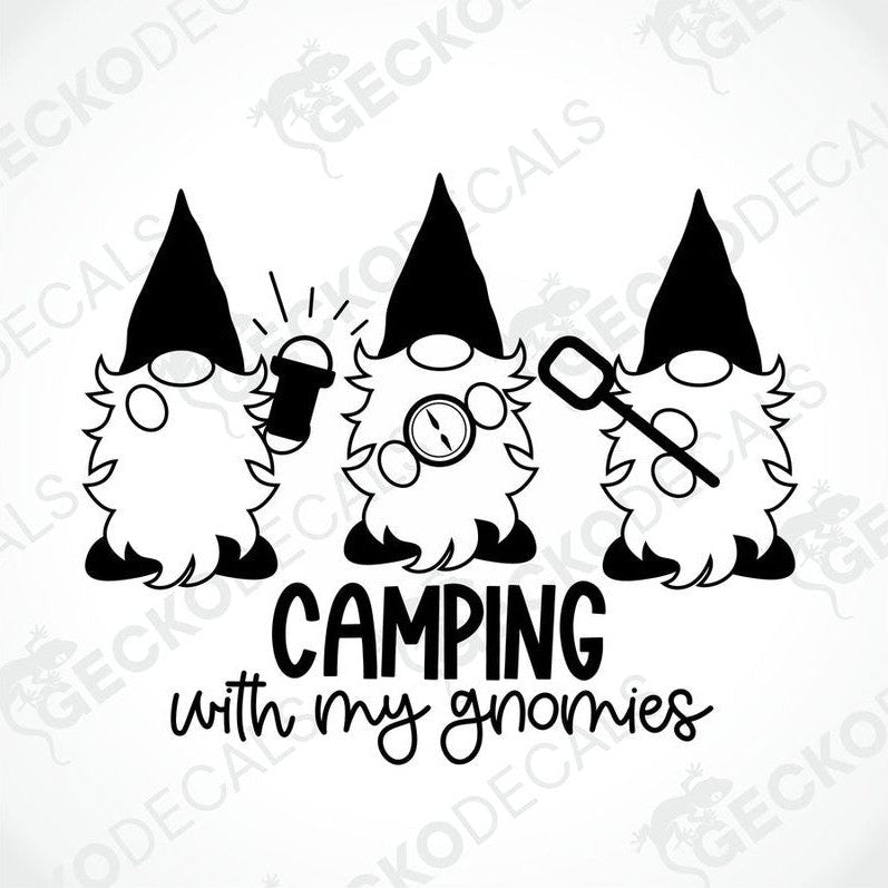Black die-cut camping decal with three cartoon gnomes holding flashlight compass and shovel